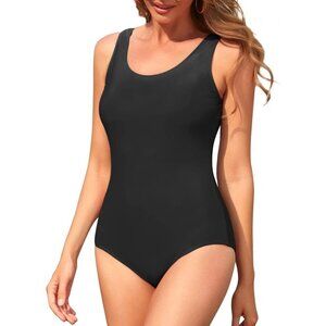 Women's Black Modest Cross Back Bathing Suit Quick Dry Full Coverage Swim Suit